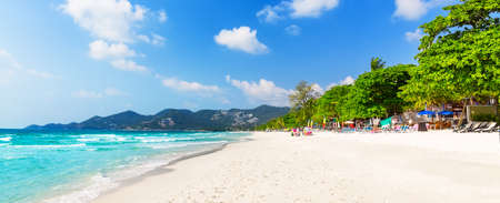 Panorama of beautiful white sandy beach in Koh Samui, Thailand. Vacation holidays background wallpaper. View of nice tropical beach with green palms around.の写真素材