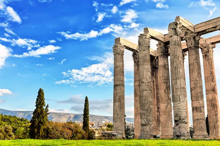 The Temple of Olympian Zeus at the center of Athens, Greece. Columns of the Olympian Zeus in sunny day. The Temple of Olympian Zeus in Athens, Greece.のeditorial素材