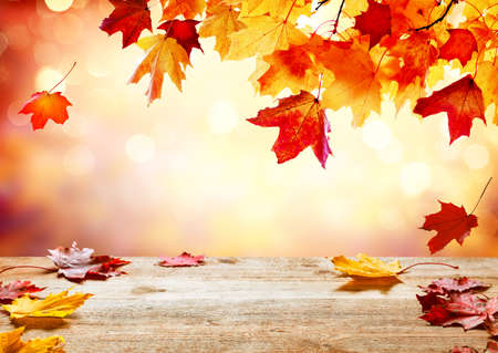 Wooden table top on blur autumn background. Autumn golden abstract background with bokeh light and colorful leaves. Beautiful autumn leaves falling on wooden surface.の写真素材