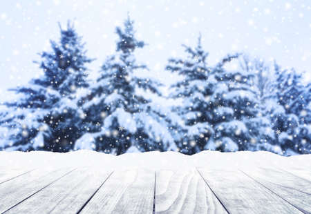 Wooden table top on winter sunny landscape with fir trees. Merry Christmas and happy New Year...