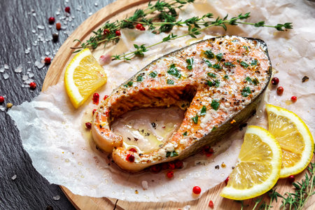 Baked salmon with aromatic herbs and lemon on baking paper, top view. Fried salmon steak with thyme and lemon served on wooden plate on black table.の写真素材