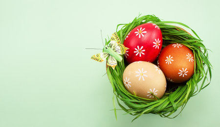 Colored Easter eggs in a basket with green grass on a light green colored table, top view.の写真素材