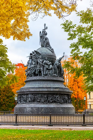 Millennium of Russia is monument in Novgorod Kremlin in Veliky Novgorod, Russia. The monument was erected in 1862.の写真素材