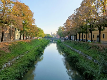 An amazing and colorful view of a water canal that crosses the city of Padova Veneto Italyの写真素材