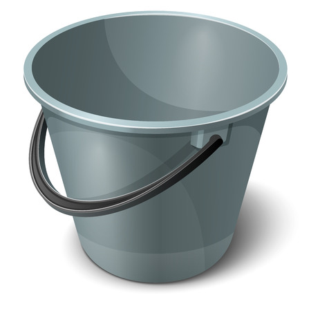 Gray plastic empty bucket with black handle. Tank for storage and transfer of water, for cleaning and washing surfaces, cars. Isolated on white background. EPS10 vector illustration.のイラスト素材