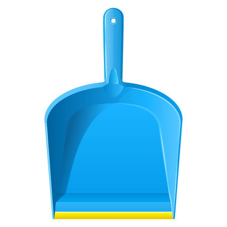 Blue plastic dustpan, scoop with yellow stripe. Tool for cleaning garbage, restoring order in house. Isolated on white background. EPS10 vector illustration.のイラスト素材