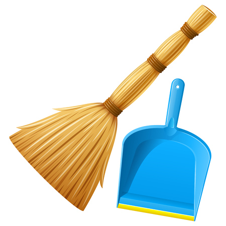 Set of realistic broom and blue plastic dustpan with yellow stripe. Housework tools for cleaning garbage in house. Cleaning service elements. Isolated on white background. EPS10 vector illustration.のイラスト素材