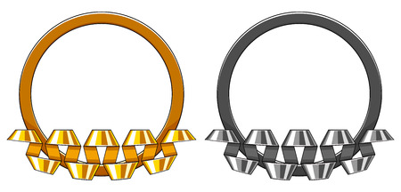 Set of decorative round gold and silver frame with curved up spiral ribbon. Template for greeting cards, invitations, certificates, messages. Isolated on white background. EPS10 vector illustration.のイラスト素材