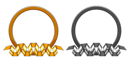Set of decorative round gold and silver frame with curved down spiral ribbon. Template for greeting cards, invitations, certificates, messages. Isolated on white background. EPS10 vector illustration.のイラスト素材
