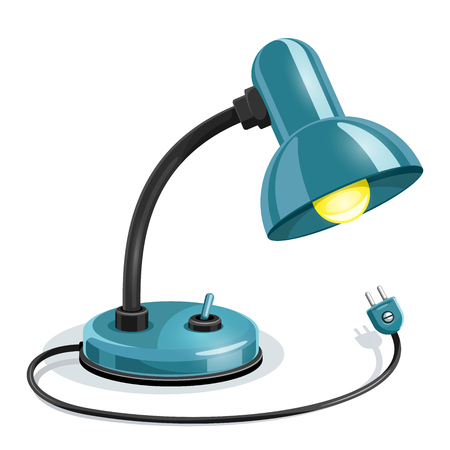 Blue table lamp with black element and yellow light bulb. Isolated on white background. EPS10 vector illustration.のイラスト素材
