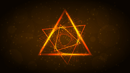 Orange neon triangle of interweaving lines with glitter and radiance, spirograph, geometric shape. Abstract dark and shining galaxy space background. Eps10 vector illustration.のイラスト素材