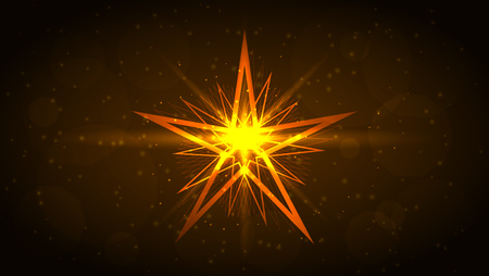Orange neon star of interweaving lines with glitter and radiance, spirograph, geometric shape. Abstract dark and shining galaxy space background. Eps10 vector illustration.のイラスト素材