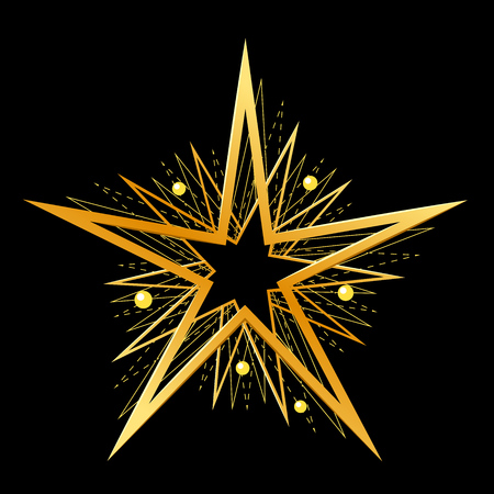 Simple abstract golden geometric shape from intersecting lines, stars. Decorative element for graphic design, symbol, logo. Isolated on black background. Eps10 vector illustration.のイラスト素材