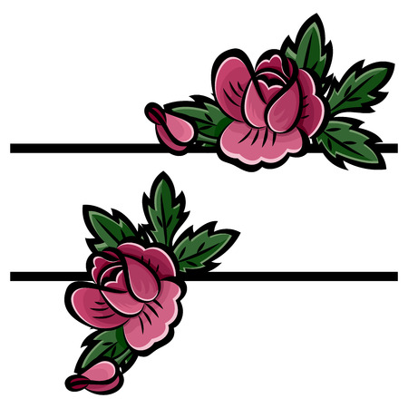 Border with flower bouquet of pink roses, buds and green leaves with black stroke. Decoration element of cards, invitations, scrapbooking. Isolated on white background. Eps10 vector illustration.のイラスト素材