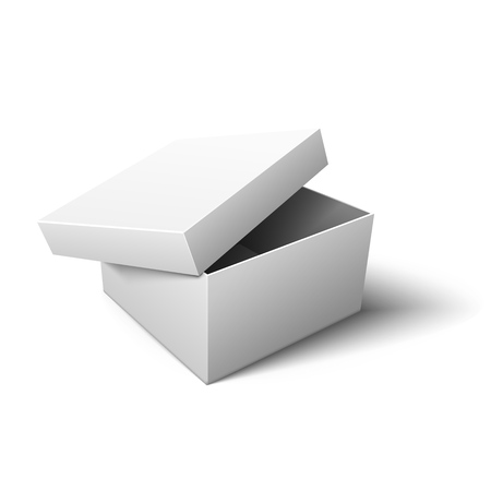 White empty realistic open cardboard box with cover, mockup, templete, promotion. Storage and transportation of items. Isolated on light background. Eps10 vector illustration.のイラスト素材