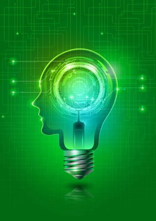 Abstract Human Head Light Bulb with Technology Green Background, Vector Illustrationのイラスト素材
