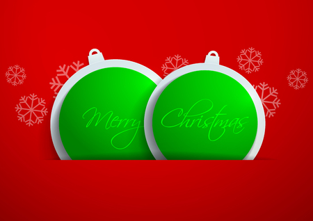 Green Paper Christmas Balls on Red Background, Vector Illustrationのイラスト素材