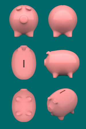 3D RENDERING OF DIFFERENT VIEWS OF ISOLATED PIGGY BANKの写真素材