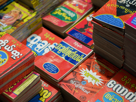COLOR PHOTO OF DISPLAYED BOOKS FOR SALE AT BOOKSTOREのeditorial素材