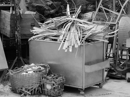 BLACK AND WHITE PHOTO OF SCRAP HEAP OF SILICON STEELS AND RUSTIC METALSの写真素材