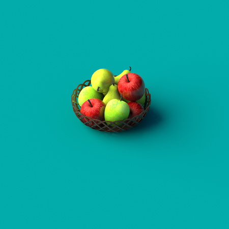 COLOR PHOTO OF 3D RENDERING OF RED APPLES AND GREEN PEARS IN BASKET ON PLAIN BACKGROUNDの写真素材