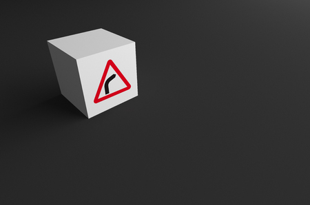 3D RENDERING OF ROAD SIGN ON WHITE BLOCK WITH GREY BACKGROUNDの写真素材