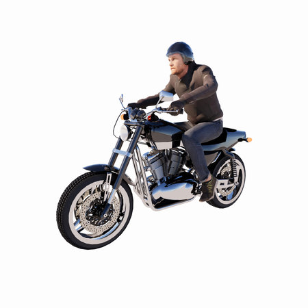 3D rendering of a man riding motorcycle isolated on white plain backgroundの写真素材
