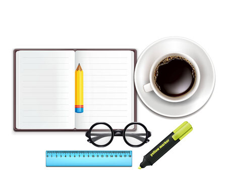Cup of Coffee, Pencil, Notebook, Marker, Ruler, Glasses のイラスト素材