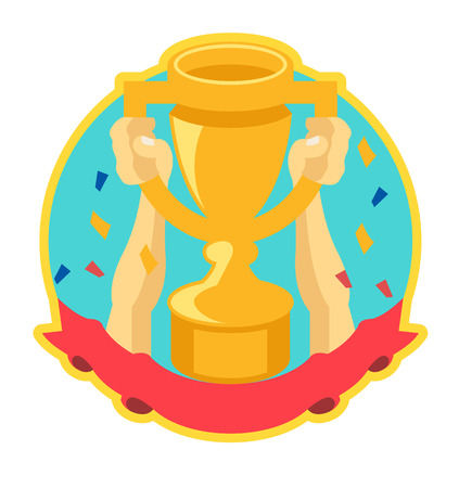 Hands holding winner cup flat color illustrationのイラスト素材