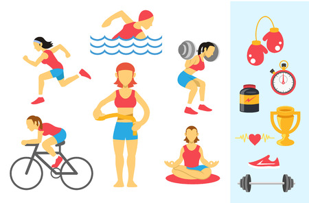 womans sport and fitness infographics. Color flat icon setのイラスト素材