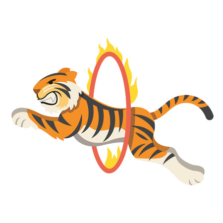 Circus tiger jumping through flaming hoopのイラスト素材