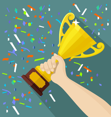 Vector gold cup in hand. Flat illustrationのイラスト素材