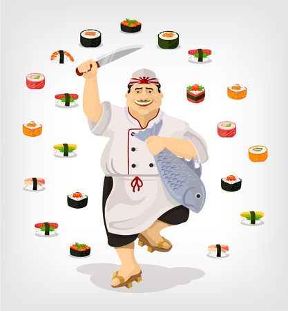 Japanese chef with sushi. Vector flat illustrationのイラスト素材
