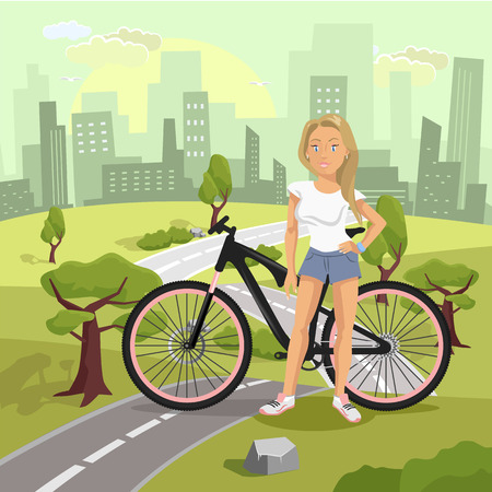 Landscape with girl and bicycle. Vector flat illustrationのイラスト素材