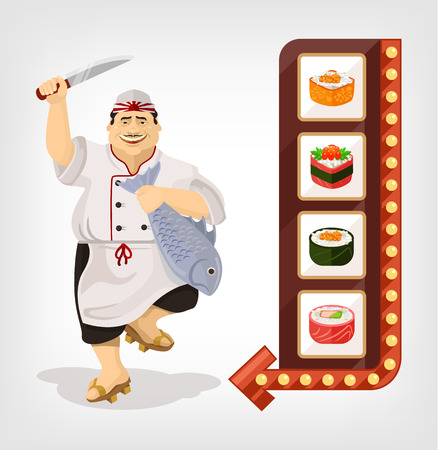 Japanese chef with sushi banner. Vector flat illustrationのイラスト素材