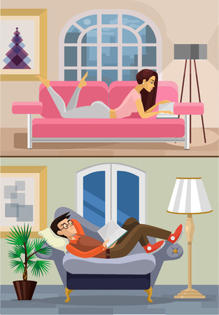 Vector living room with boy and girl. Flat illustration;のイラスト素材