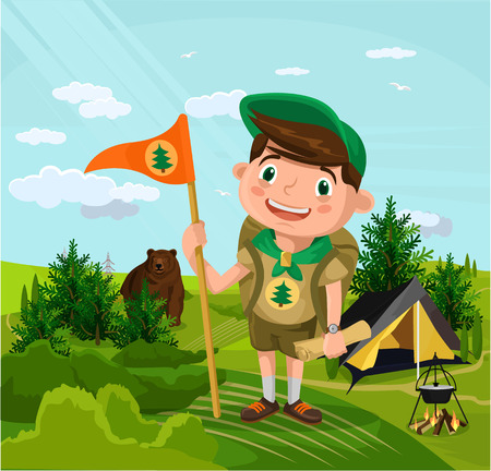 Summer camp with boy. Vector flat cartoon illustrationのイラスト素材