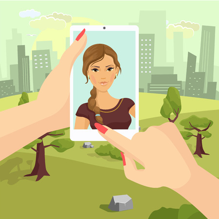 Girl takes selfie. Vector flat illustrationのイラスト素材