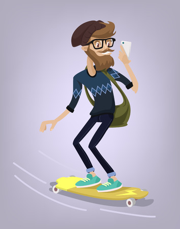 Hipster character on longboard. Vector flat cartoon illustrationのイラスト素材