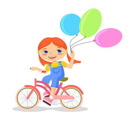 Happy little girl with balloon riding bikeのイラスト素材