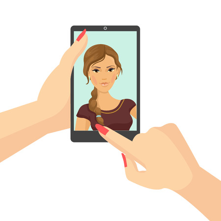 Girl takes selfie. Vector flat illustrationのイラスト素材