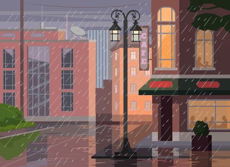 Rainy city. Vector flat cartoon illustrationのイラスト素材