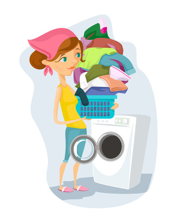 Housewife washes. Vector flat cartoon illustrationのイラスト素材