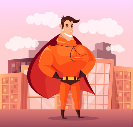 Superhero standing on roof. Vector flat cartoon illustrationのイラスト素材