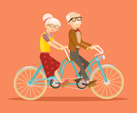 Grandparents on bicycle. Vector flat illustration