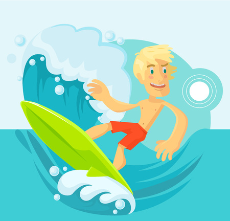 Vector surfer flat cartoon illustrationのイラスト素材