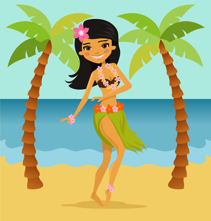 Hawaiian dancer girl. Vector flat cartoon illustrationのイラスト素材