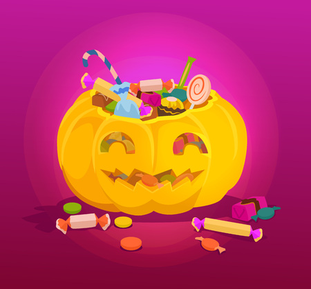 Pumpkin full of sweets. Vector cartoon illustrationのイラスト素材