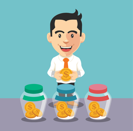 Businessman putting coin into jar. Vector flat illusrationのイラスト素材
