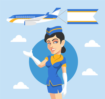Stewardess and airplane behind her. Vector flat illustrationのイラスト素材